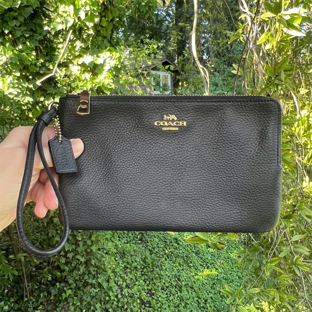 COACH Double Zip Wristlet Wallet Navy Pebbled Leather w Gold Hardware AUTHENTIC